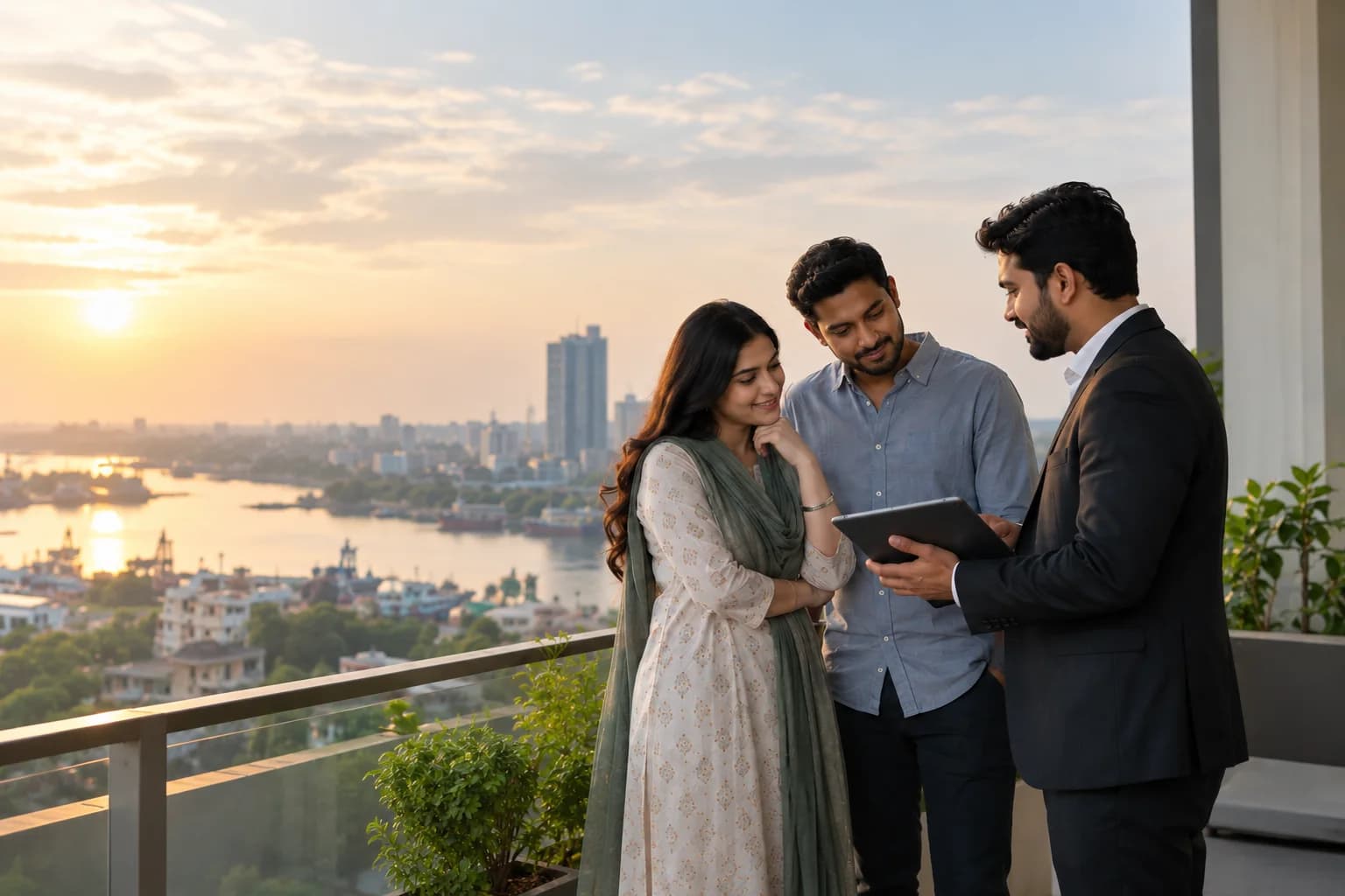 সূর্যাস্তের সময় ছাদে ট্যাবলেটে সম্পত্তির তথ্য দেখছেন এক দম্পতি ও একজন পরামর্শক